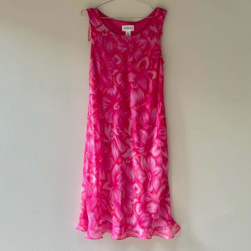 Vintage Hot Pink Floral Print Sleeveless Chiffon Midi Dress Size 16